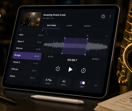 Loooper app displayed on a tablet in a music practice setting