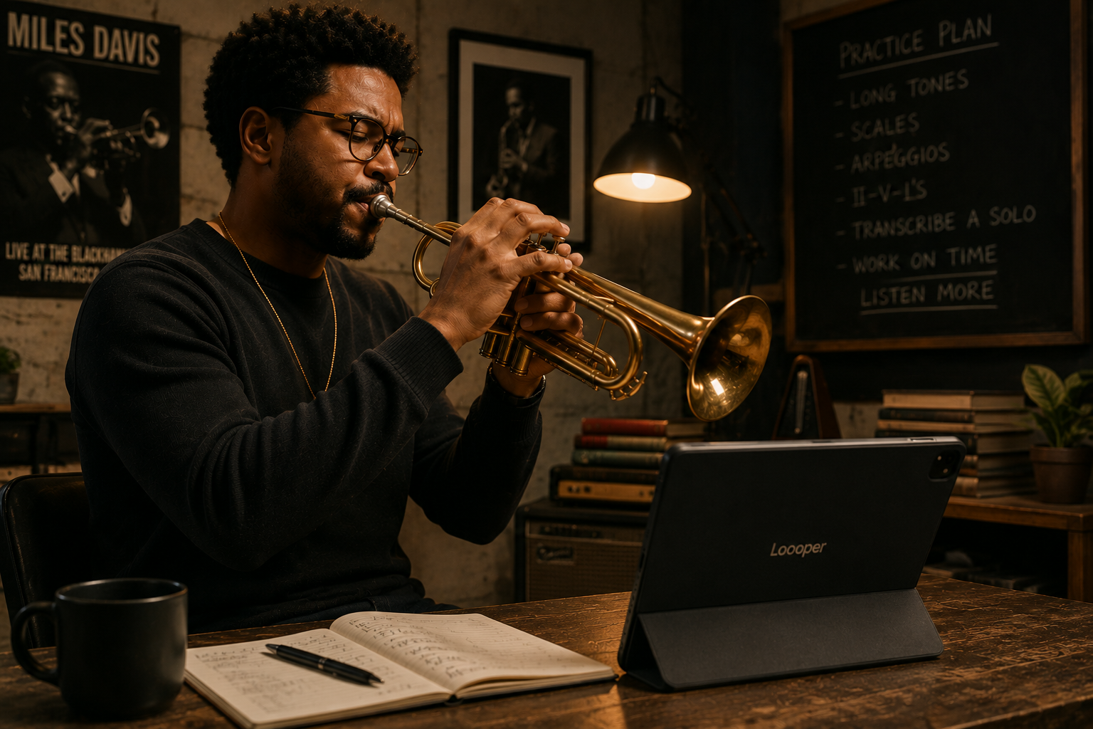 Jazz trumpet player practicing an instrumental part