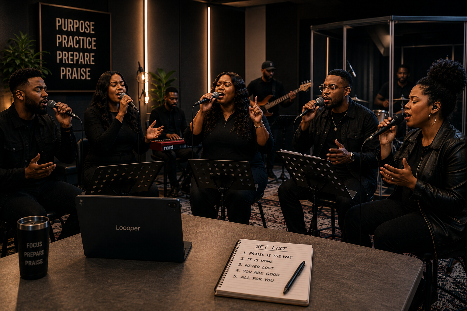 Praise team singers learning harmony parts together